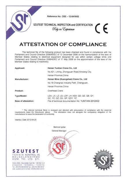 China Henan Mine Crane Co.,Ltd. Certification